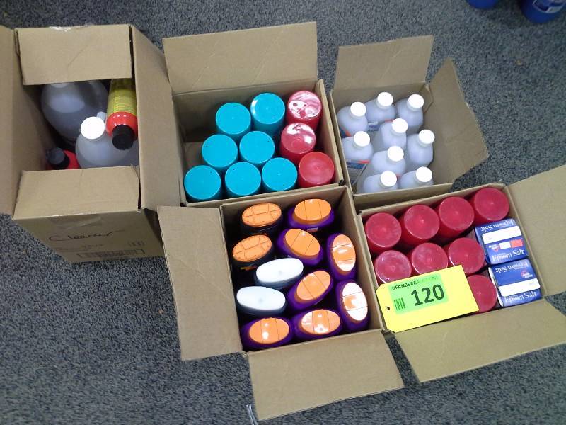 Five boxes of cleaners, shaving cream, soap