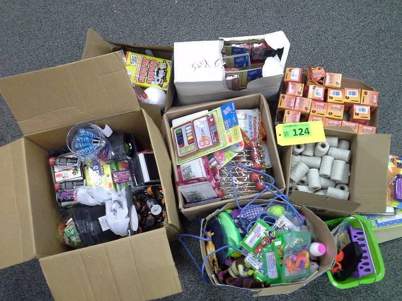 Seven boxes of miscellaneous toys, black lights, other