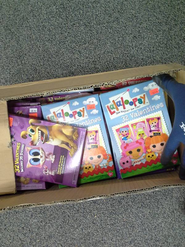 Large box of an opened childrens Valentines Day cards