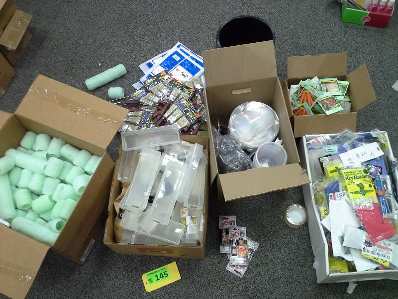 Assortment of hardware items, seeds, painting items