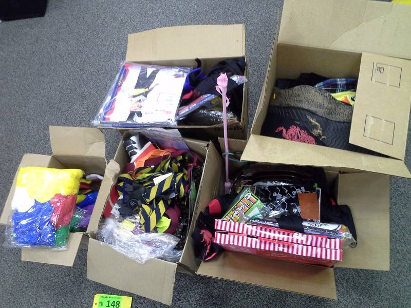 Assortment of Halloween costumes, props, other items