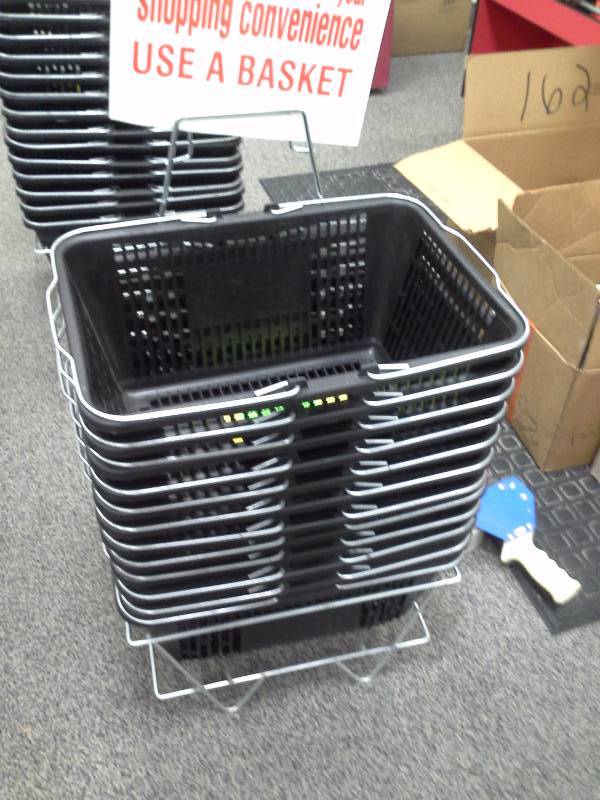 Stack of shopping baskets with stand