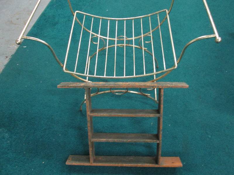 Wooden shelf, Metal chair frame...