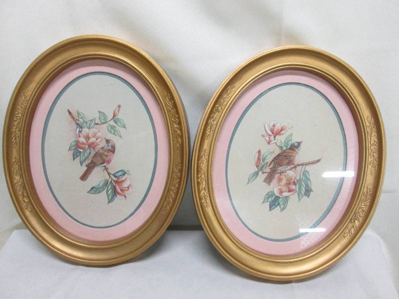 1 pr 11 inch oval gilded frame bird...