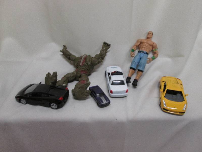 Tote of toys, action figures, cars,...