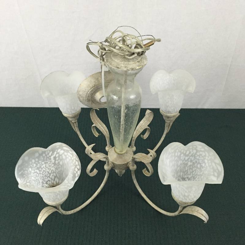 Beautiful Toleware Vine White and Gold Speckle Chandelier with Murano White Speckle Lily Shades Sconces