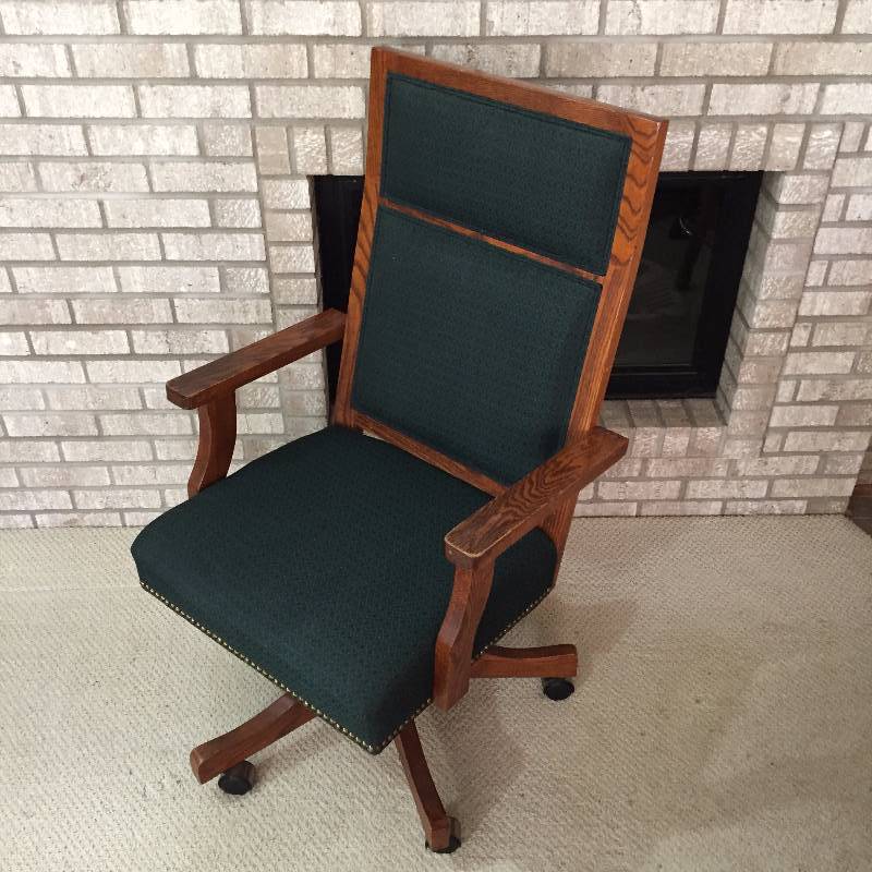 Antique Style Vintage RARE Fruitwood & Oak High Back Swivel Bankers Lawyers Executive Desk Mantique Evergreen Fabric Brass Tacked Studded Chair