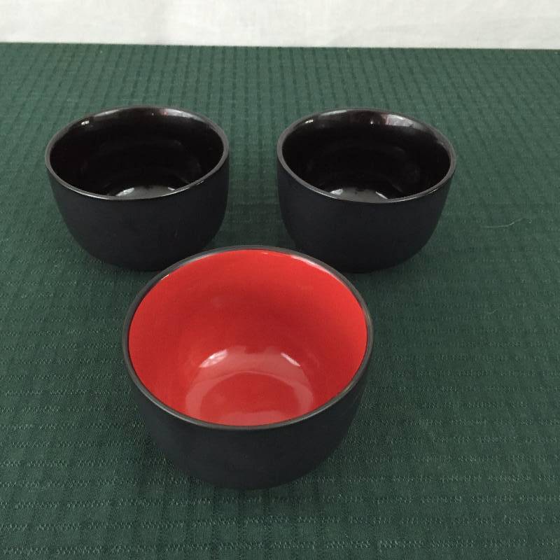 3 Vintage Asian Oriental Visun China Dogwood Flowers Floral Black and Red Rice Soup Bowls