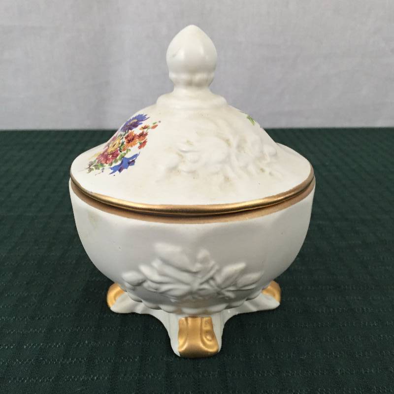 House Of Fuller Dish with Lid Blue Rose Flowers Gold Trim Trinket Jewelry Candy Dish Crown Stamp USA