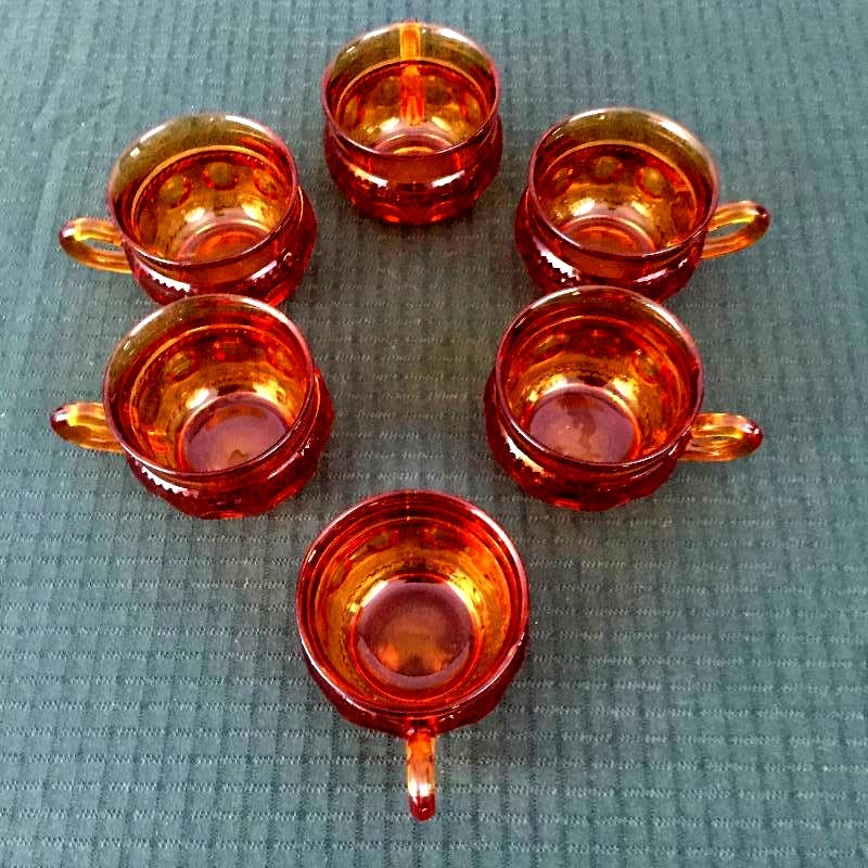 INDIANA OR FEDERAL GLASS 6 Piece AMBER KINGS CROWN THUMBPRINT PUNCH CUP SET IRIDESCENT 