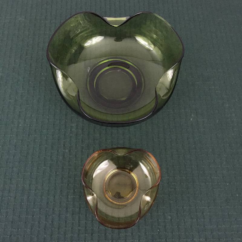 Vintage Mid Century Modern Anchor Hocking Retro Olive Green Glass Chip and Amber Dip Bowl Set No Chips