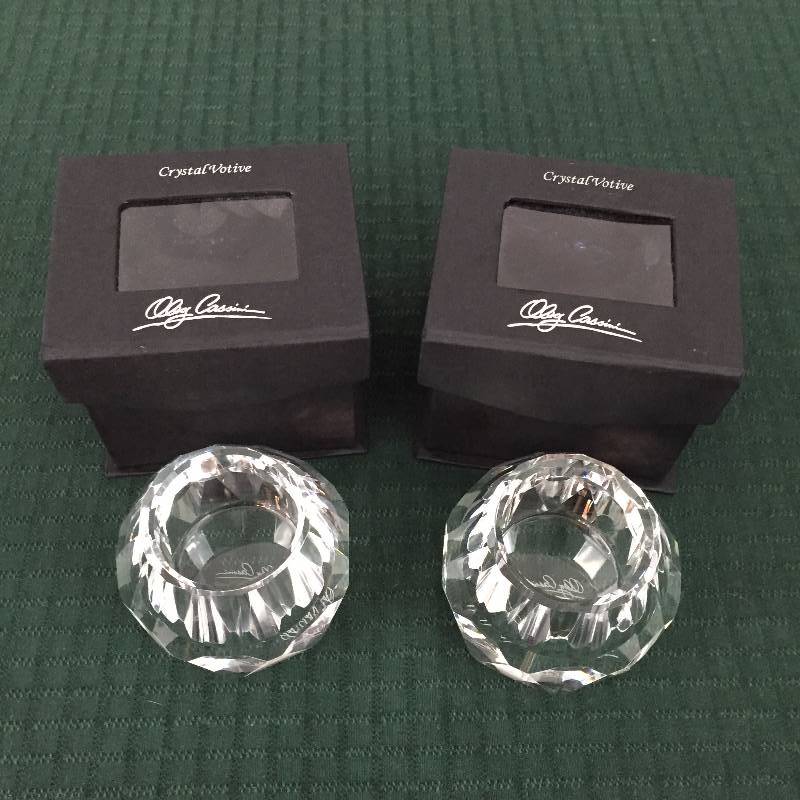 New In Box - SPECTACULAR Designer Signed Oleg Cassini Pair Cut Crystal Clear Beveled Sparkling Orbs Cut Snowballs Votive Candle Holders