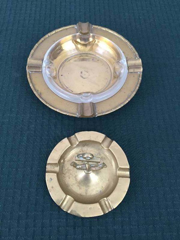 2 Mid Century Modern Retro Brass Glass Captains Ashtrays Cigarette Cigar Club Rope Ship Anchor Nautical Vintage