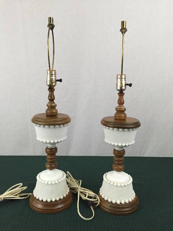 French Country Chic Hobnail Milk glass Lamp Pair Teak Wood Bubbled Mid Century Danish Modern - Minor Wear to Wood for Age & Works - No Chips