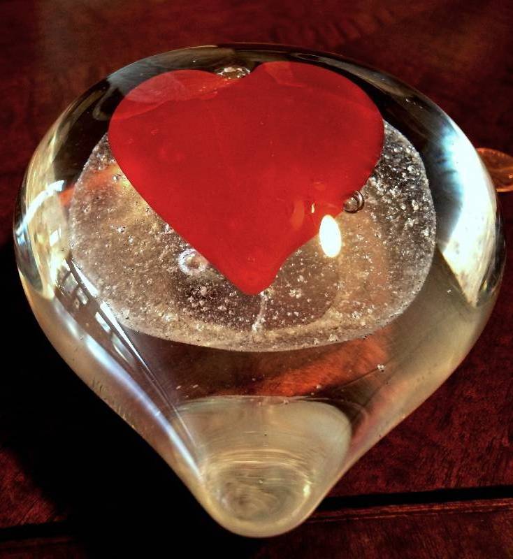 Vintage Caithness Style Art Glass SWEETHEART Red Heart Bubbles Paperweight Valentine Mouth Blown Pontil Present