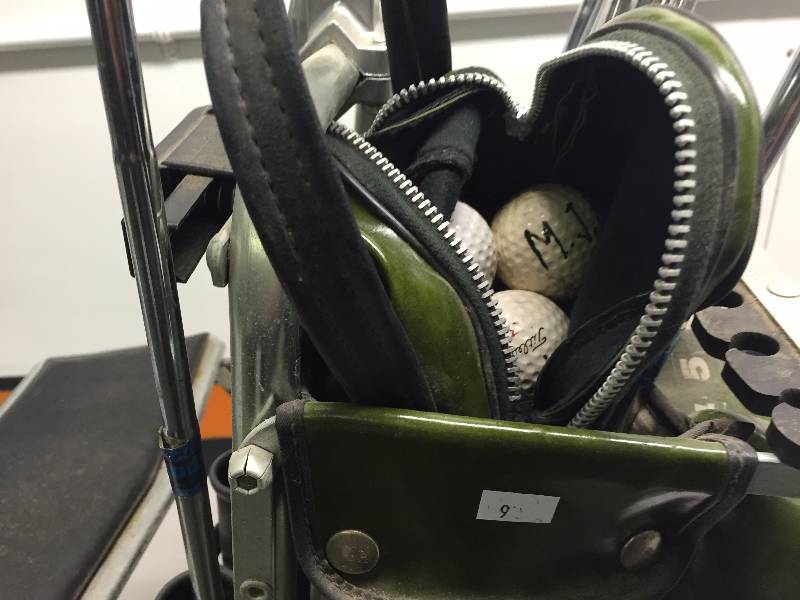 VINTAGE GOLF CLUBS WITH WHEELED CART WITH SEAT