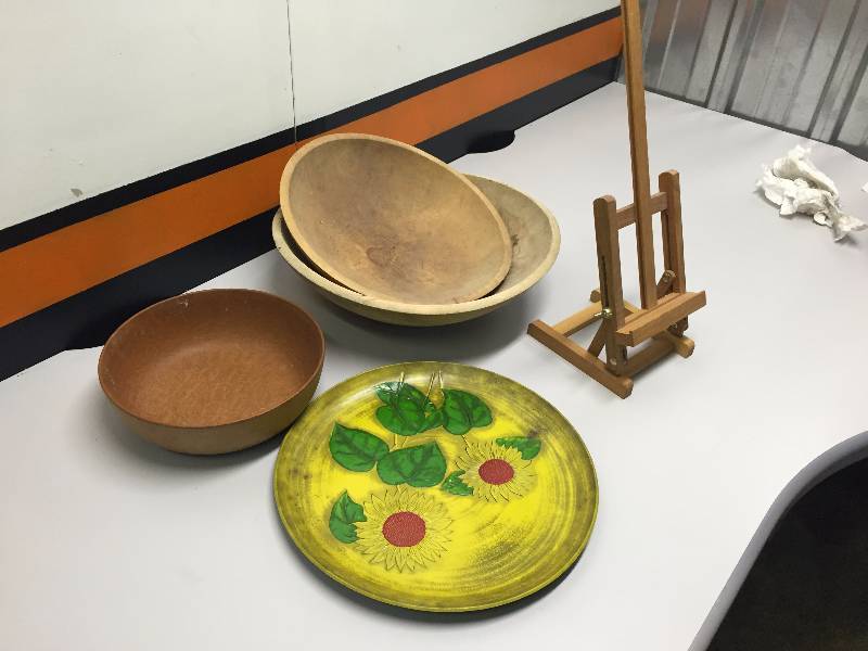 WOODEN BOWLS, PICTURE STAND AND MISC