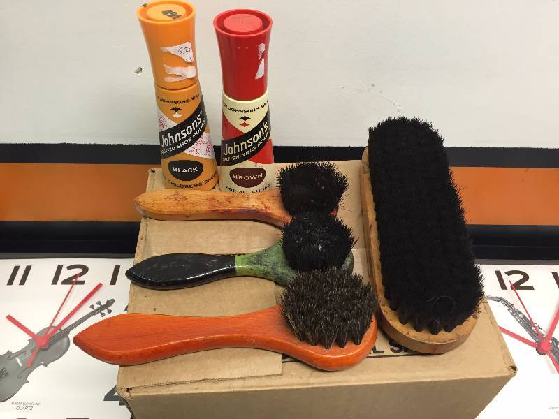 CLOCKS AND VINTAGE SHOE SHINE PRODUCTS