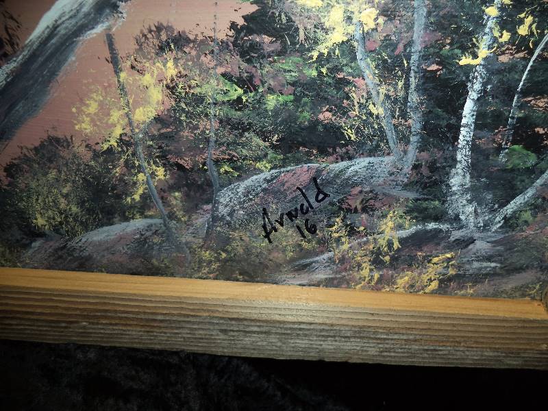 lot 23 image: Handpainted Mountain Scene with Barnwood Frame