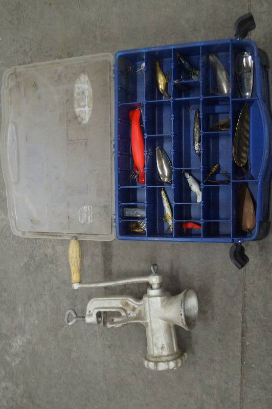 lot 12 image: Tackle Box, Tackle and Meat Grinder
