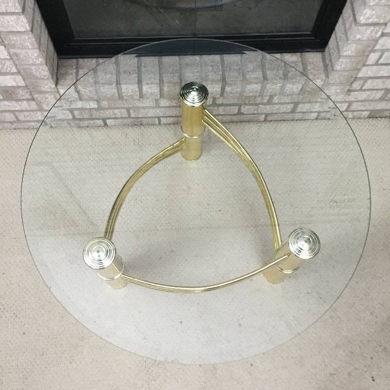 lot 114 image: WOW Mid Century Modern Wavy Brass Look Thick Beveled Glass Top Round Coffee Table Hollywood Regency Style Vintage - Table Top Glass is NEW IN BOX Excellent
