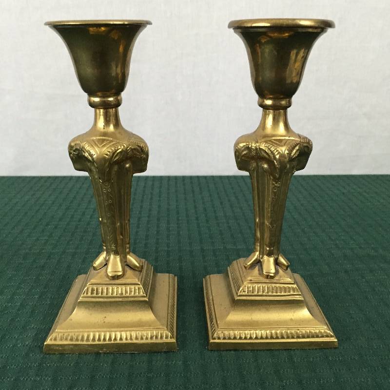 lot 56 image: Stunning Pair Solid Brass Ram Head wHooves Candles Candlesticks Holders Baphomet Goat Head Candle Holder Candlestick Wicca Pagan Satyr