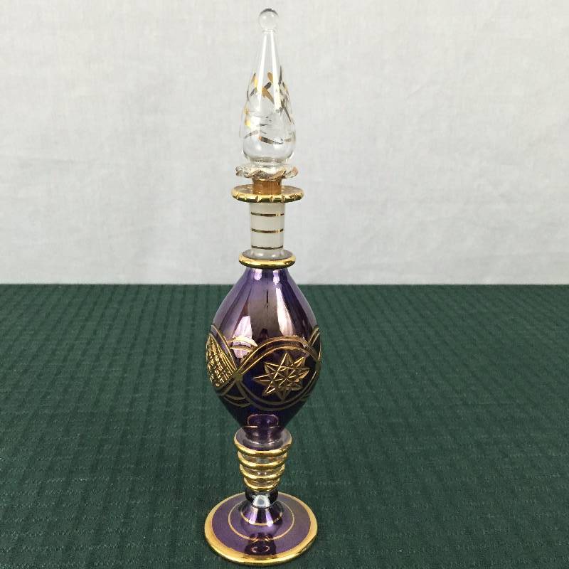 lot 58 image: Beautiful Bohemian CZECH Art Glass Purple w Gold Gilt Tall 8 Dresser Vanity Perfume Bottle w Long Stopper