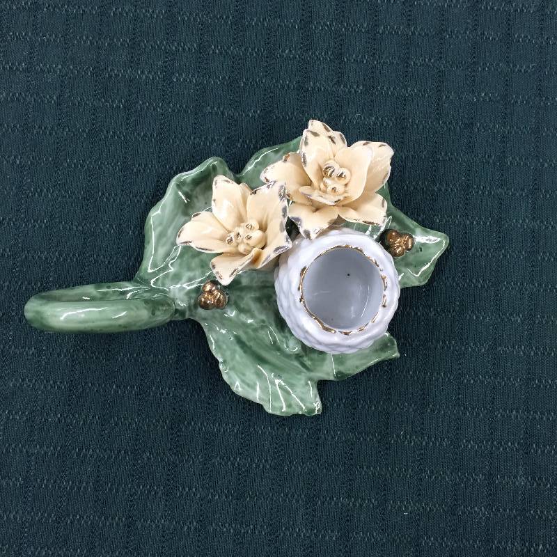 lot 61 image: Italy Capodimonte Style Pink Rose & Yellow Flower Gold Accents Porcelain Candle Holder VINTAGE Bedside Hallway CHAMBER STICK FINGER LOOP & Floral Lid