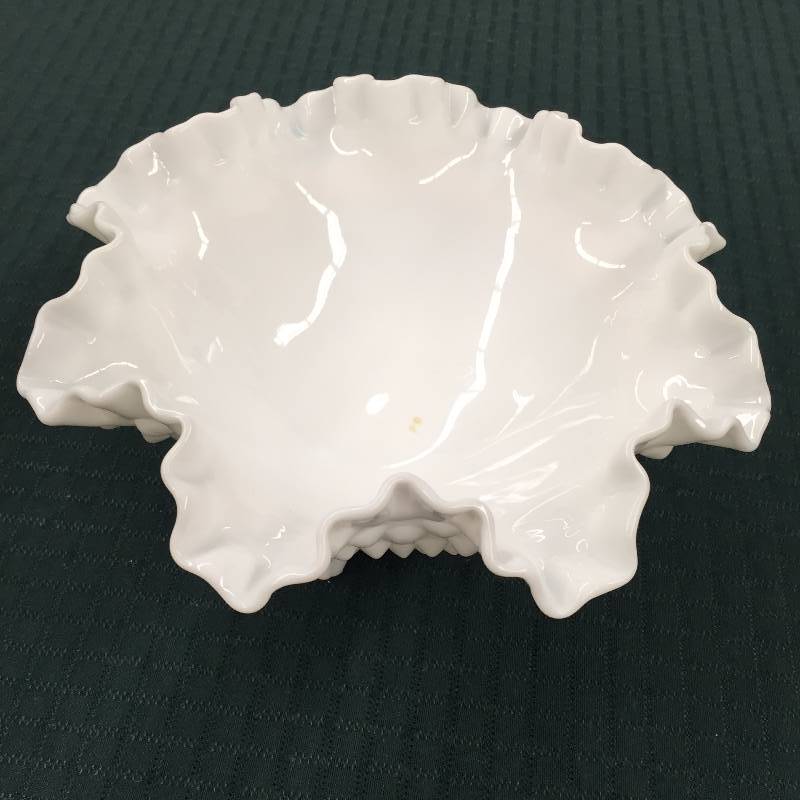 lot 64 image: VINTAGE FENTON GLASS FOOTED BOWL HOBNAIL MILK GLASS RUFFLED CANDY DISH