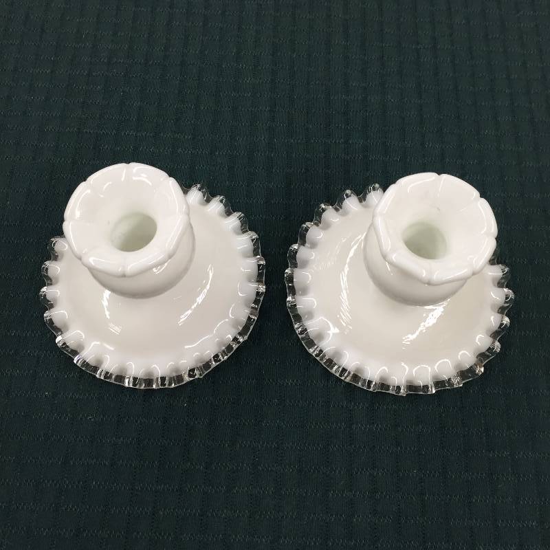 lot 66 image: Fabulous Pair Shabby Cottage Chic Vintage Fenton Silver Crest Milk Glass Candle Candlestick Holders
