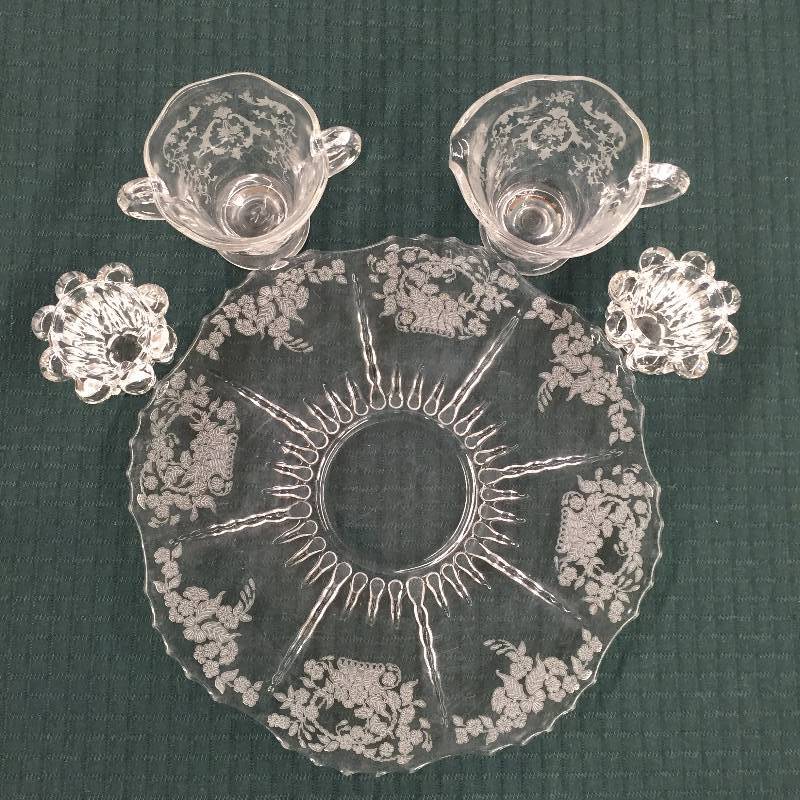 lot 74 image: Pretty Chintz Style Vintage Etched Glass PLATTER Flower Basket New Martinsville Heisey Floral Etched Cream & Sugar Plus Vintage Glass Candleholders