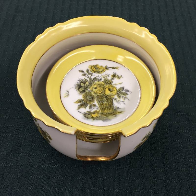 lot 77 image: Very Rare Vintage Floral LSCO Handpainted Porcelain Coaster Set with Holder - Bridge Anyone