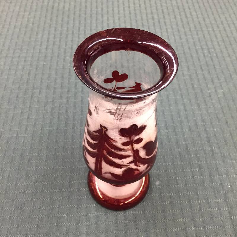 lot 80 image: Antique Red Cranberry Glass Gold Accents Vase Enamel Winter Trees Birds Decoration - small chip to rim along with scratches to interior