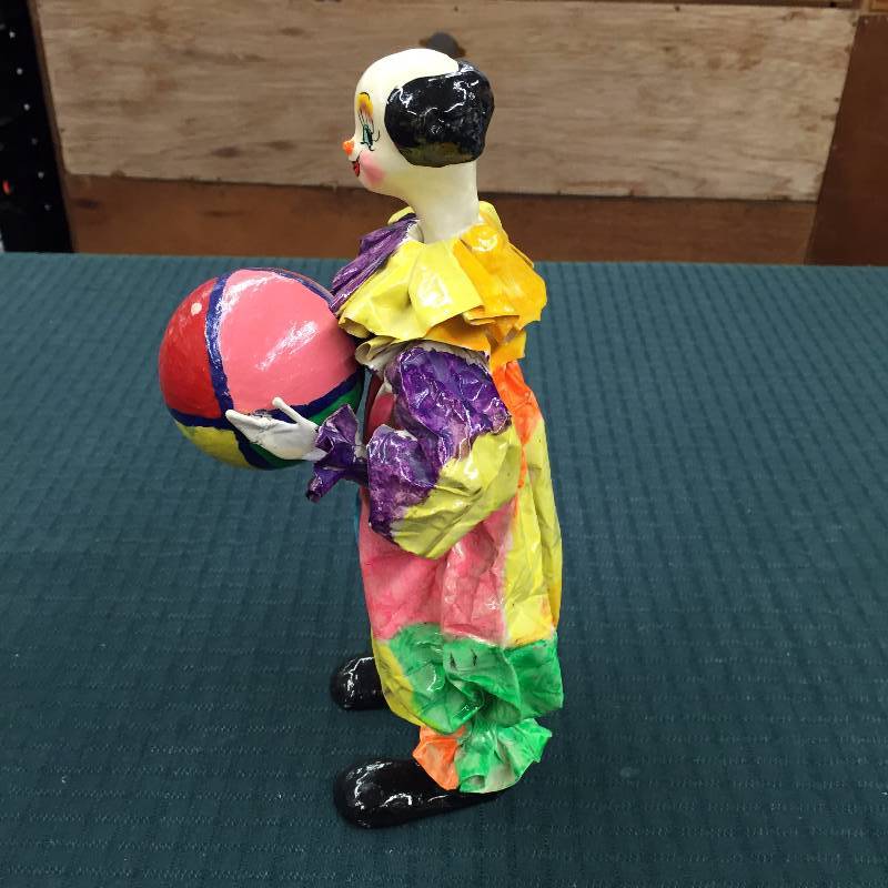 lot 84 image: Artisan Crafted Not Too Creepy Vintage Paper Mache Clown with Ball Very Colorful & Exquisite Condition For Age