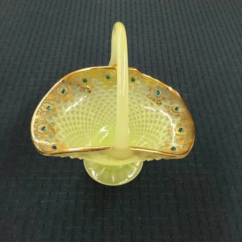 lot 86 image: RARE FIND BELIEVED TO BE ANTIQUE VASELINE URANIUM GLASS BASKET JEWELED GOLD ACCENTS WOW
