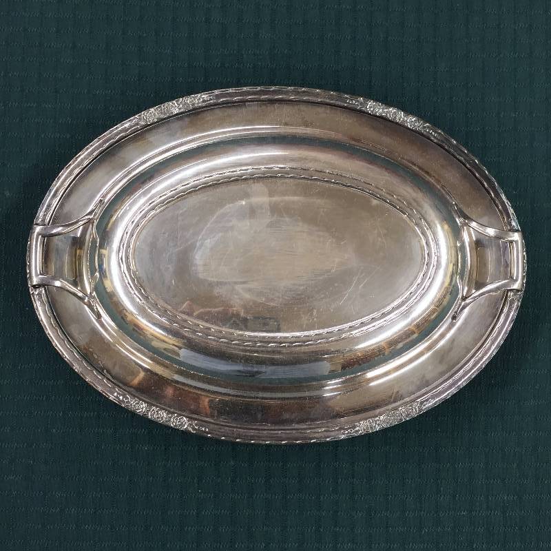 lot 98 image: Elegant Antique Silver Silverplate Serving Bowl Tray Dish with Handled Lid Hotel Buffet Side Roses - Needs Polishing