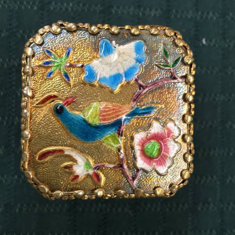 lot 100 image: Big WOW in Tiny Package - Antique Enamel Birds & Flowers Ornate Brass Snuff Pill Trinket Box with Mirror