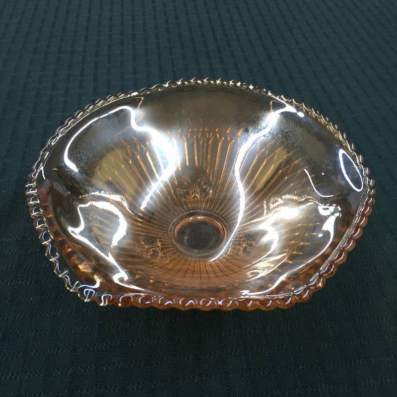 lot 101 image: VINTAGE CARNIVAL GLASS AMBER IRIDESCENT 3 FOOTED CANDY DISH BOWL RUFFLE RIM - Excellent
