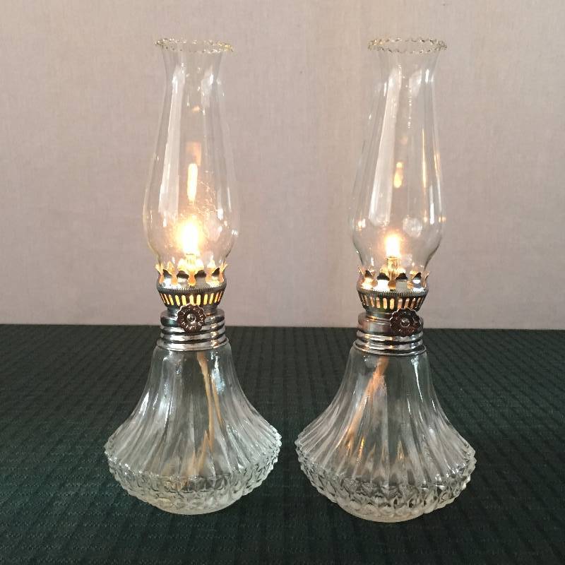 lot 59 image: Rare & Sexy Petite Chic Two Vintage Lamplight Farms Ribbed Glass Beaded Hurricane Chimney Shades Mini Oil Lamps Austria