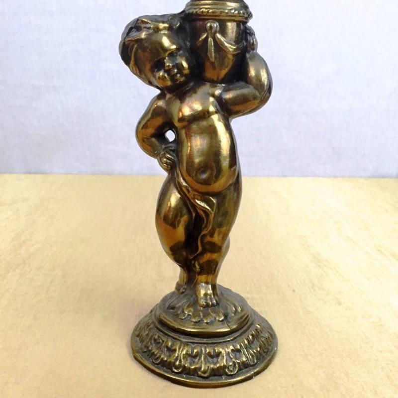 lot 57 image: Spectacular Antique Cathedral Art Nouveau Bronze Spelter Figural Big Putti Cherub Carrying A Torch Pillar Candle Holder