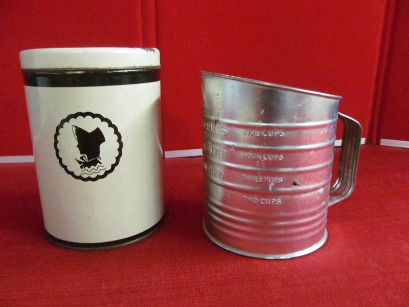 vintage flour sifter and tin
