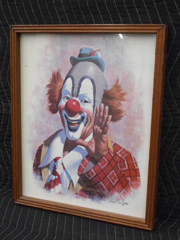 lot 19 image: Wood Framed Signed Clown Print, Tot...