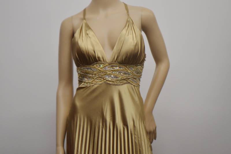 lot 31 image: La Femme Gold Pleated Special Occasion Dress