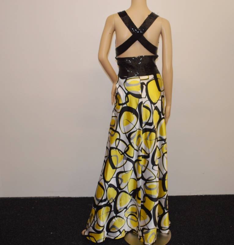 lot 38 image: Andy Anand Couture Yello, Grey, and Black Abstract Special Occasion Dress