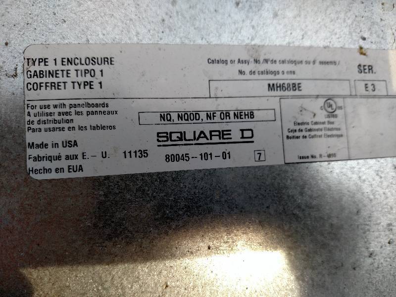 Square D Model MH68BE Type 1 Electrical Enclosure
