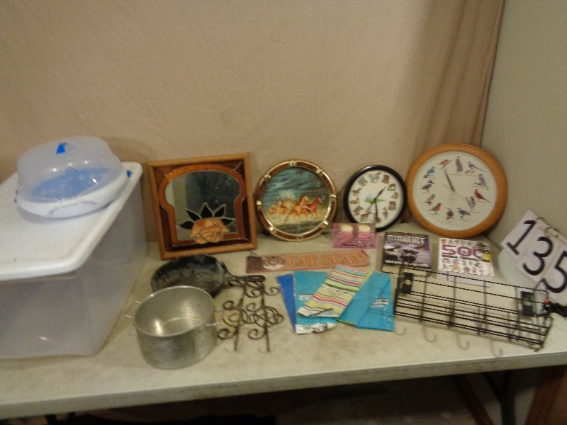 Tote with Decorations, Clocks, Skillet and More