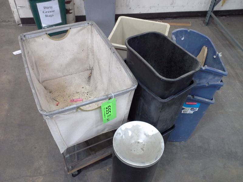 Miscellaneous lot of bins and trash receptacles, ashtray