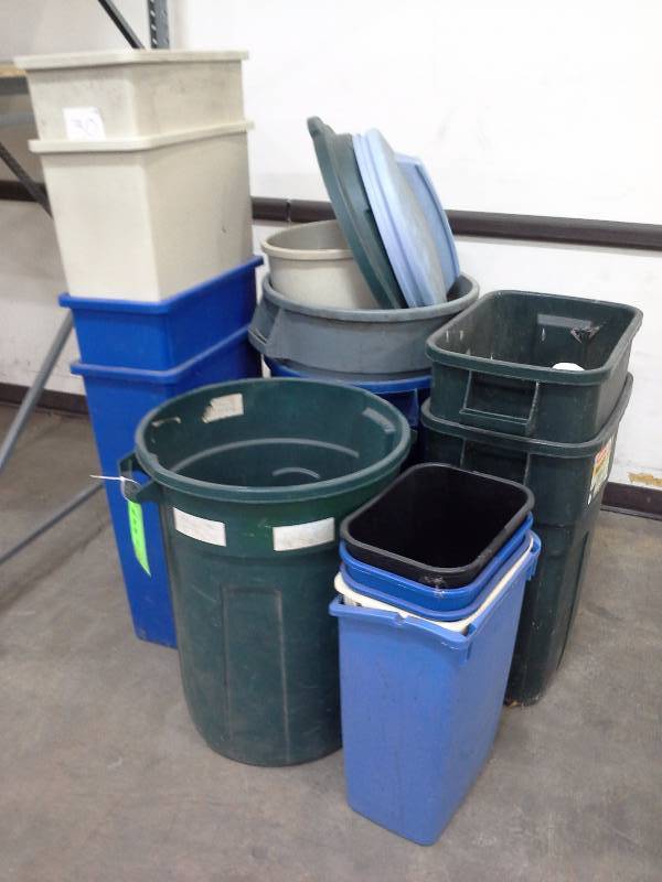 Miscellaneous lot of trash and recycling receptacles
