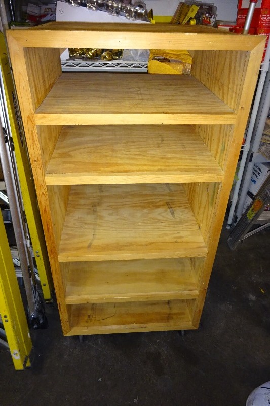 lot 67 image: 5 Shelve Wooden Cabinet on casters