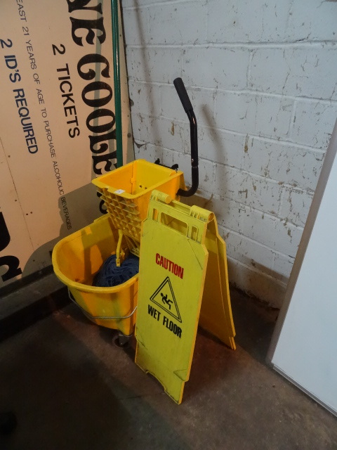 Mop Bucket and Wet Floor Sign